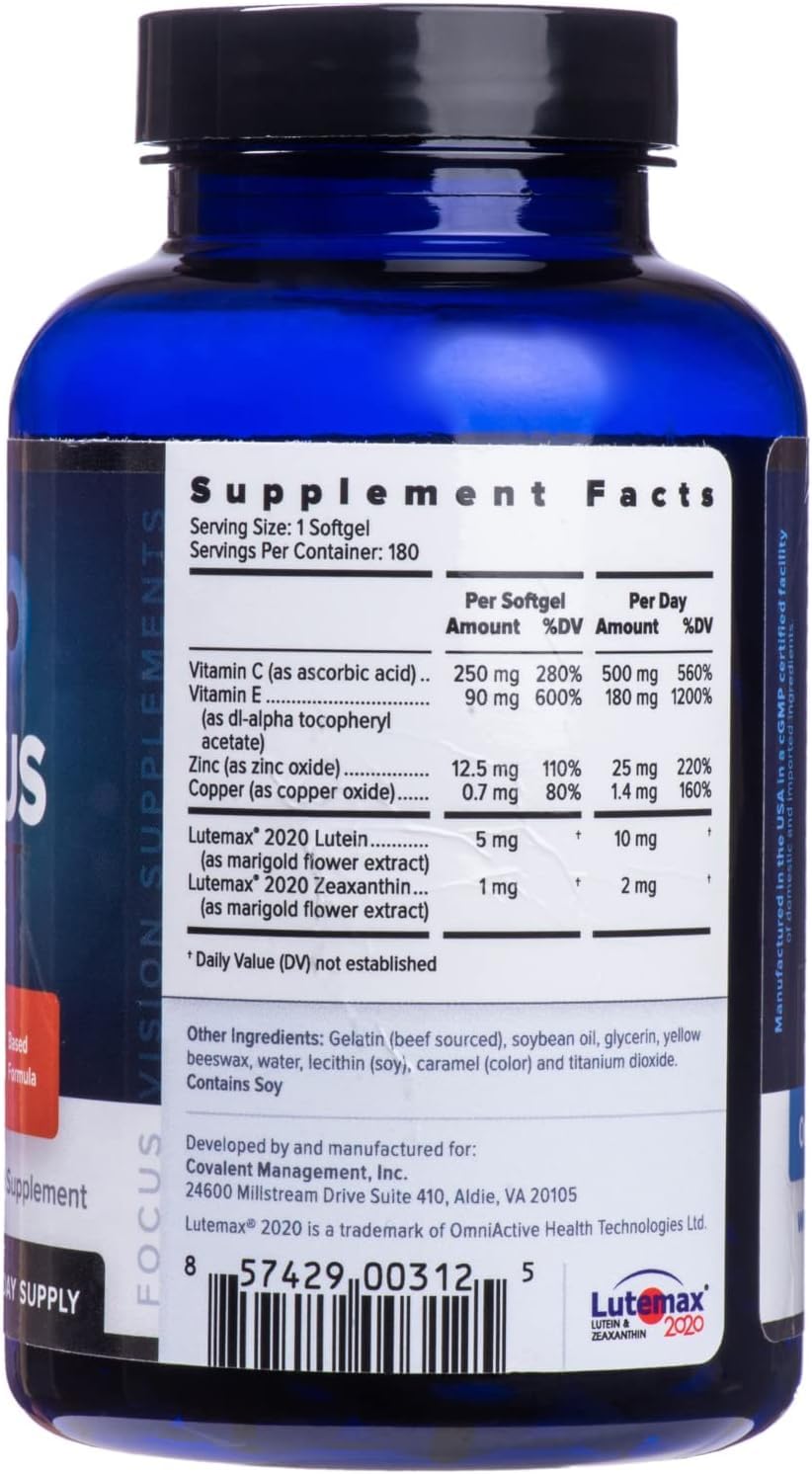 Close-up of the bottle label highlighting lutein and zeaxanthin for macular support.