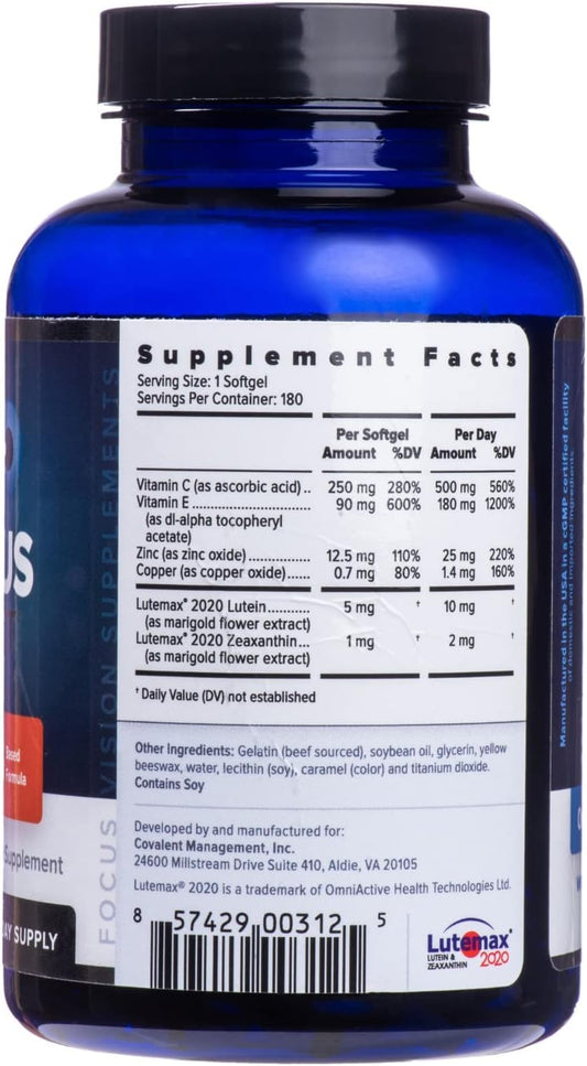 Close-up of the bottle label highlighting lutein and zeaxanthin for macular support.