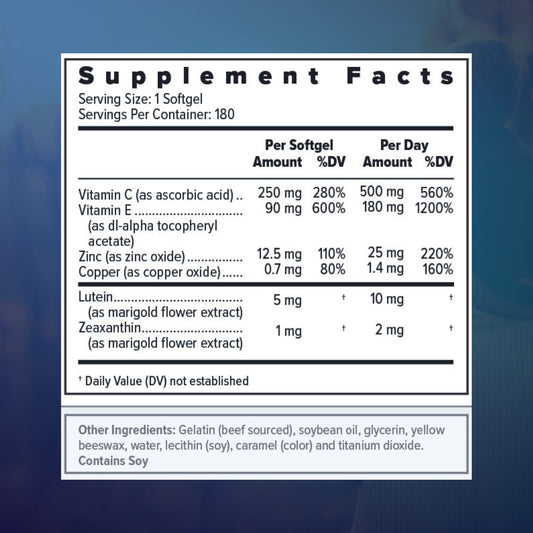 Focus Select AREDS2 label highlights lutein and zeaxanthin for eye health.