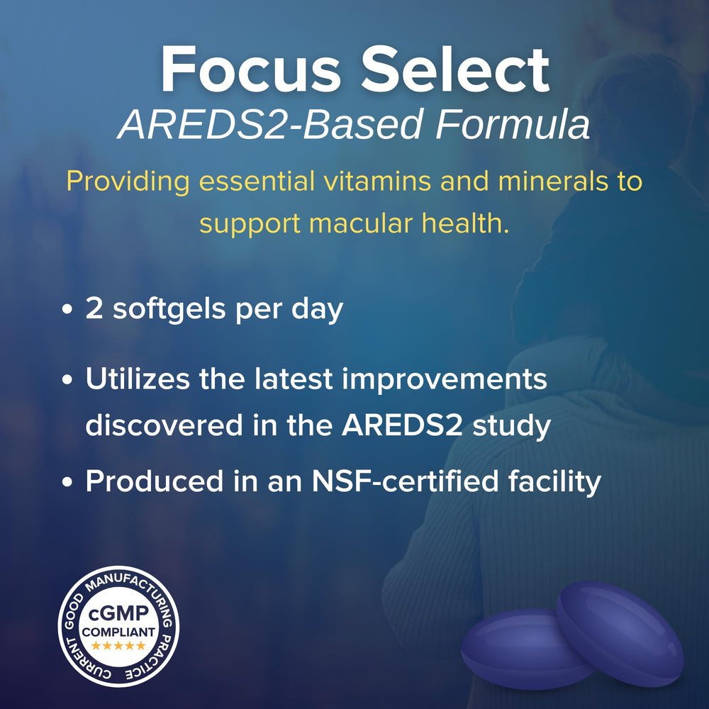 Focus Select AREDS2 softgels ready to swallow for daily use.