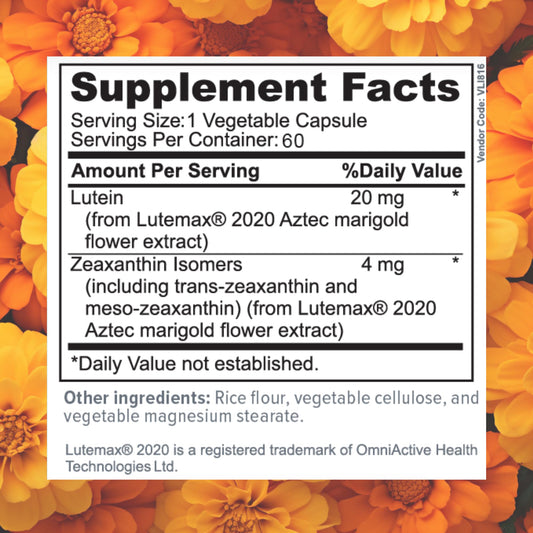 Close-up of Focus Lutein capsules highlighting vegan, sugar-free eye health option.
