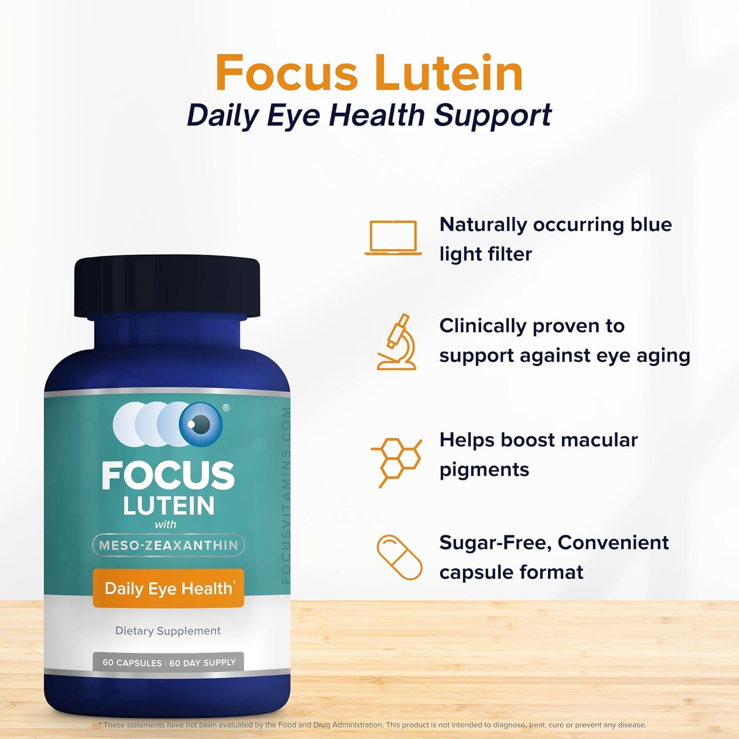 Focus Vision Supplements vegan bottle: sugar-free, plant-based eye vitamin for everyday use.