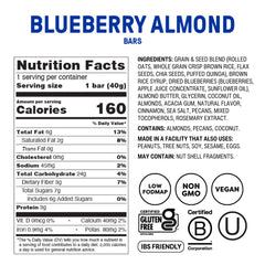 Close-up of Fody Blueberry Almond Bar ingredients featuring oats, flax, chia, and blueberries