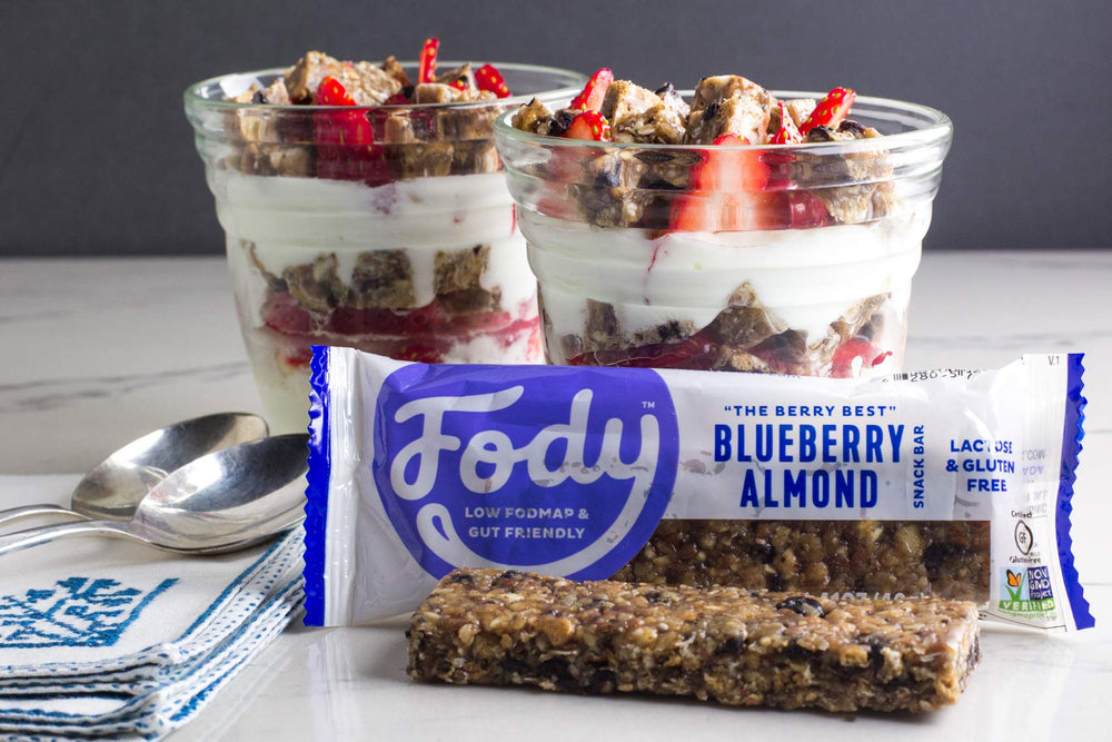 Nutrition label shows gluten-free and vegan attributes on Fody Bar