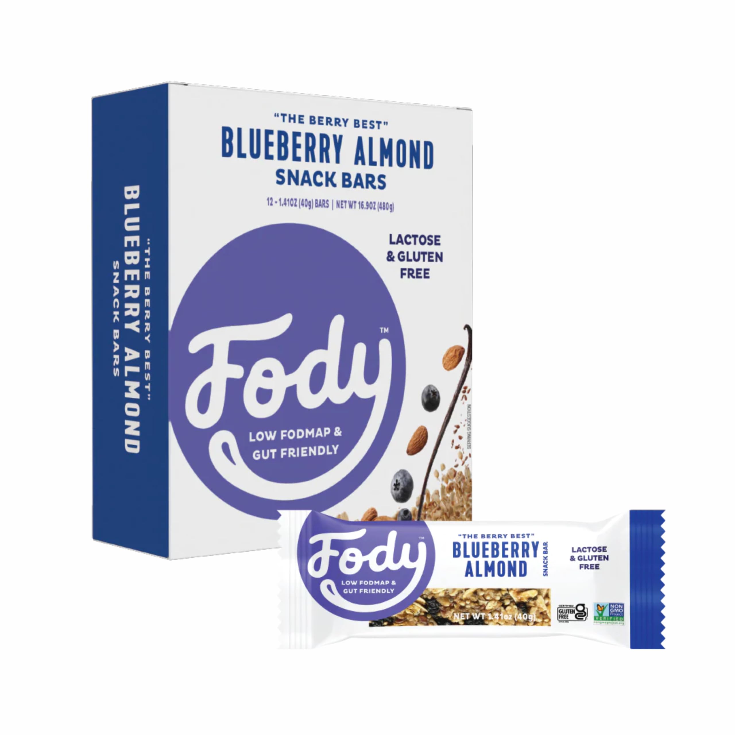 Fody Blueberry Almond Bar pack of 12 for convenient IBS-friendly snacking