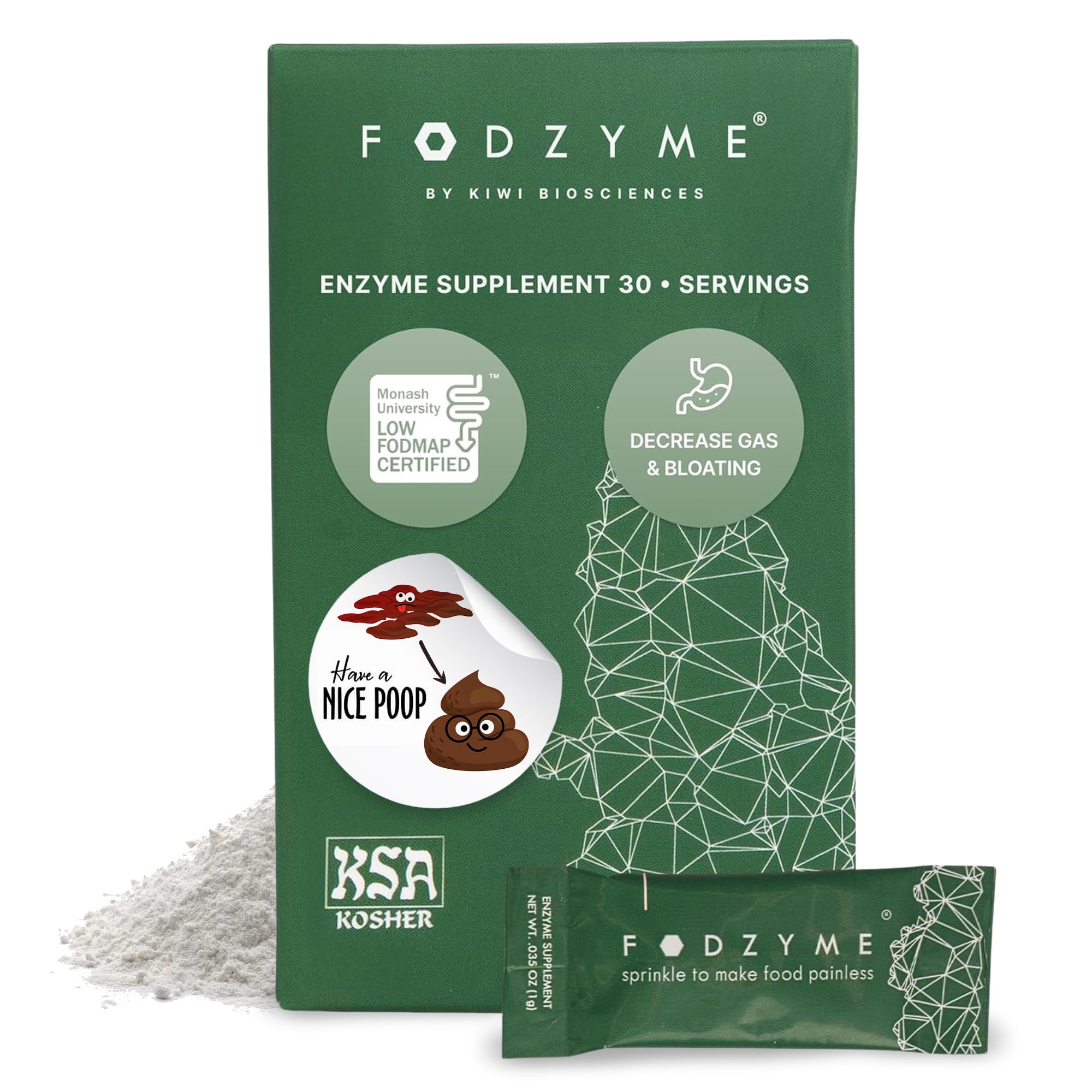 FODZYME On-The-Go bottle close-up showing convenient meal-time enzymes for potential digestive support