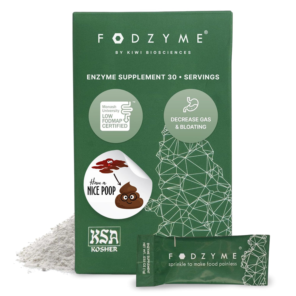 FODZYME On-The-Go bottle close-up showing convenient meal-time enzymes for potential digestive support
