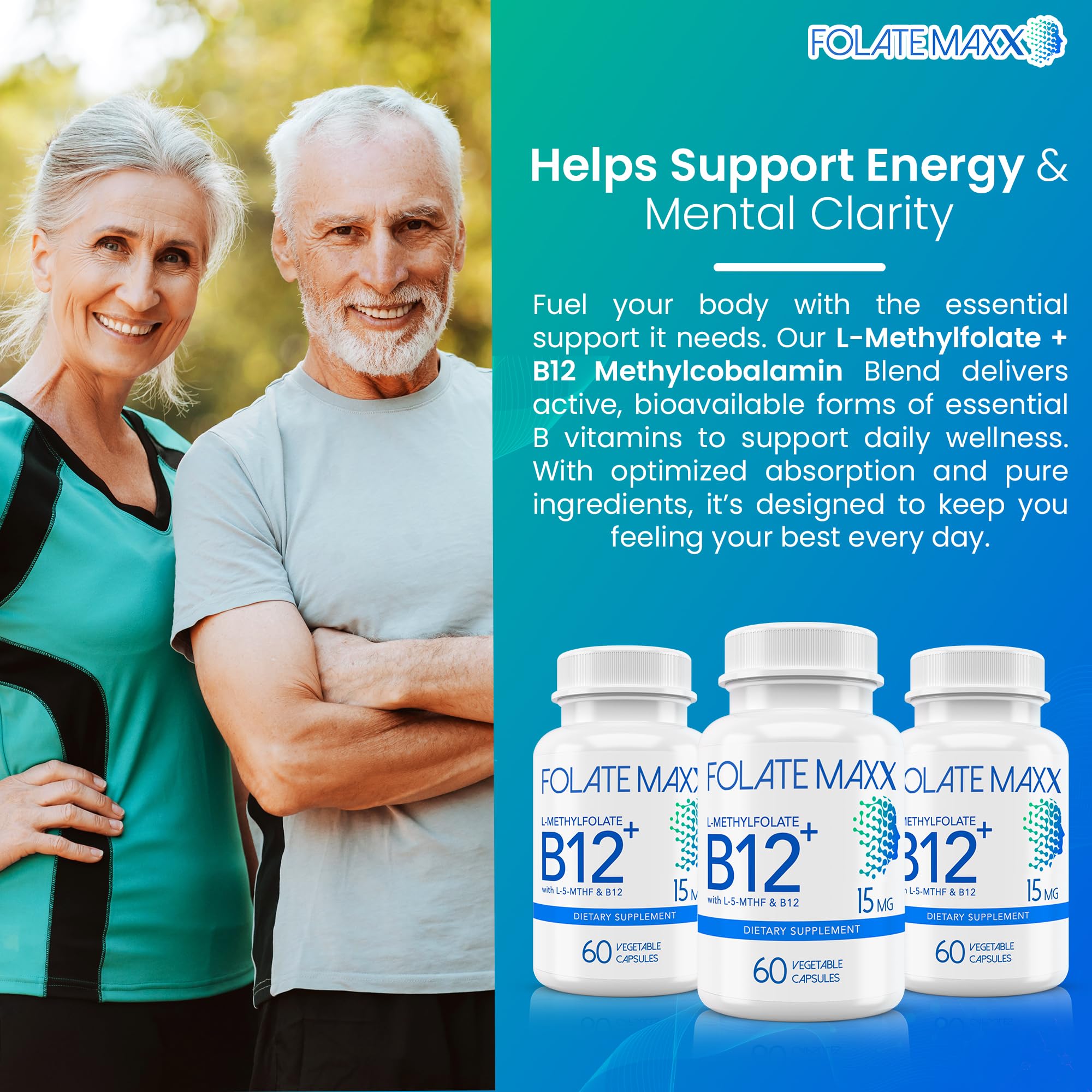 FolateMaxx 15mg L-Methylfolate capsules close-up for bioavailable folate benefits.