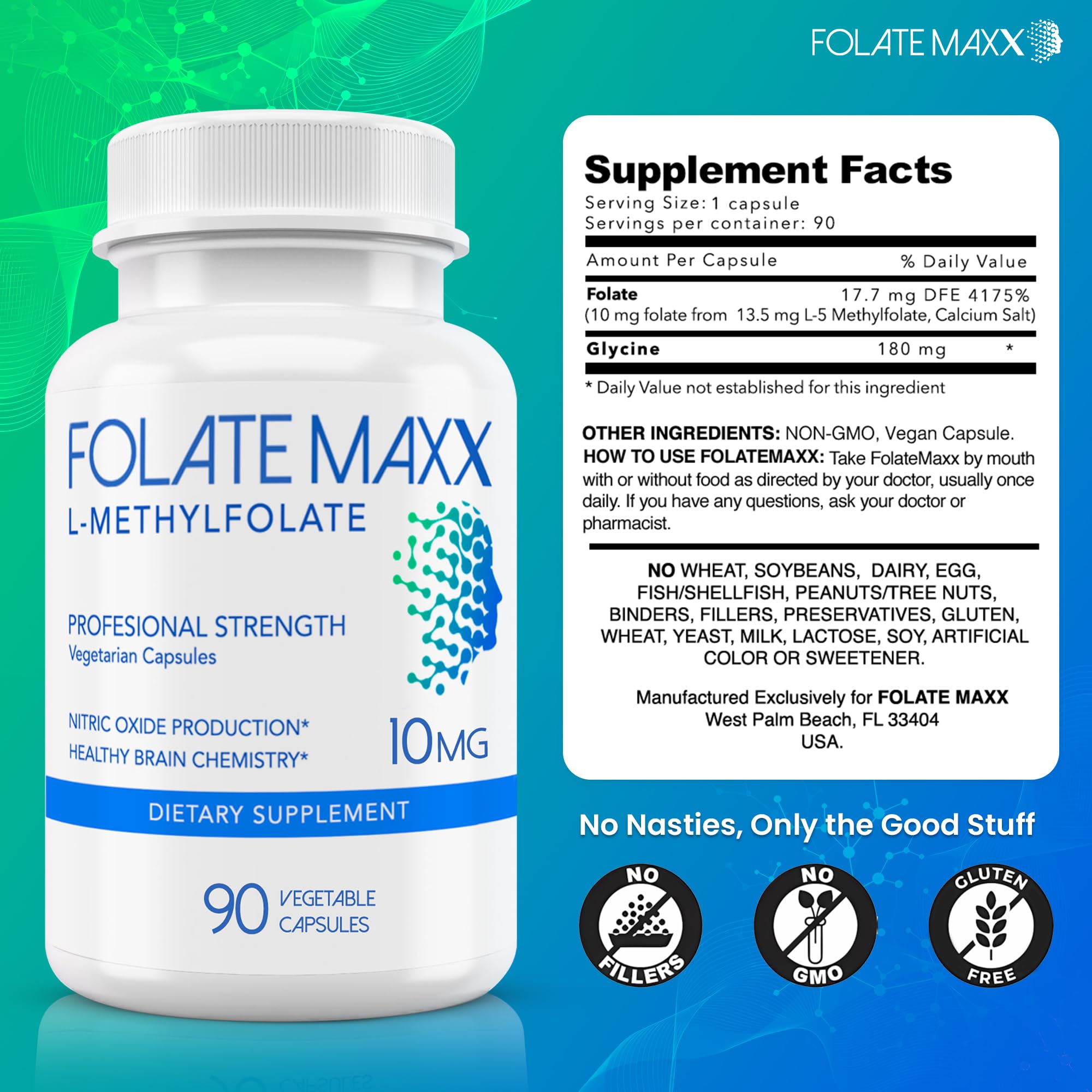 Folate Maxx bottle side view highlighting gluten-free and vegan formula