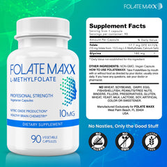 Folate Maxx bottle side view highlighting gluten-free and vegan formula