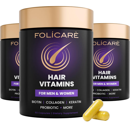 FOLICARE bottle with capsules signaling hair growth support for daily use.