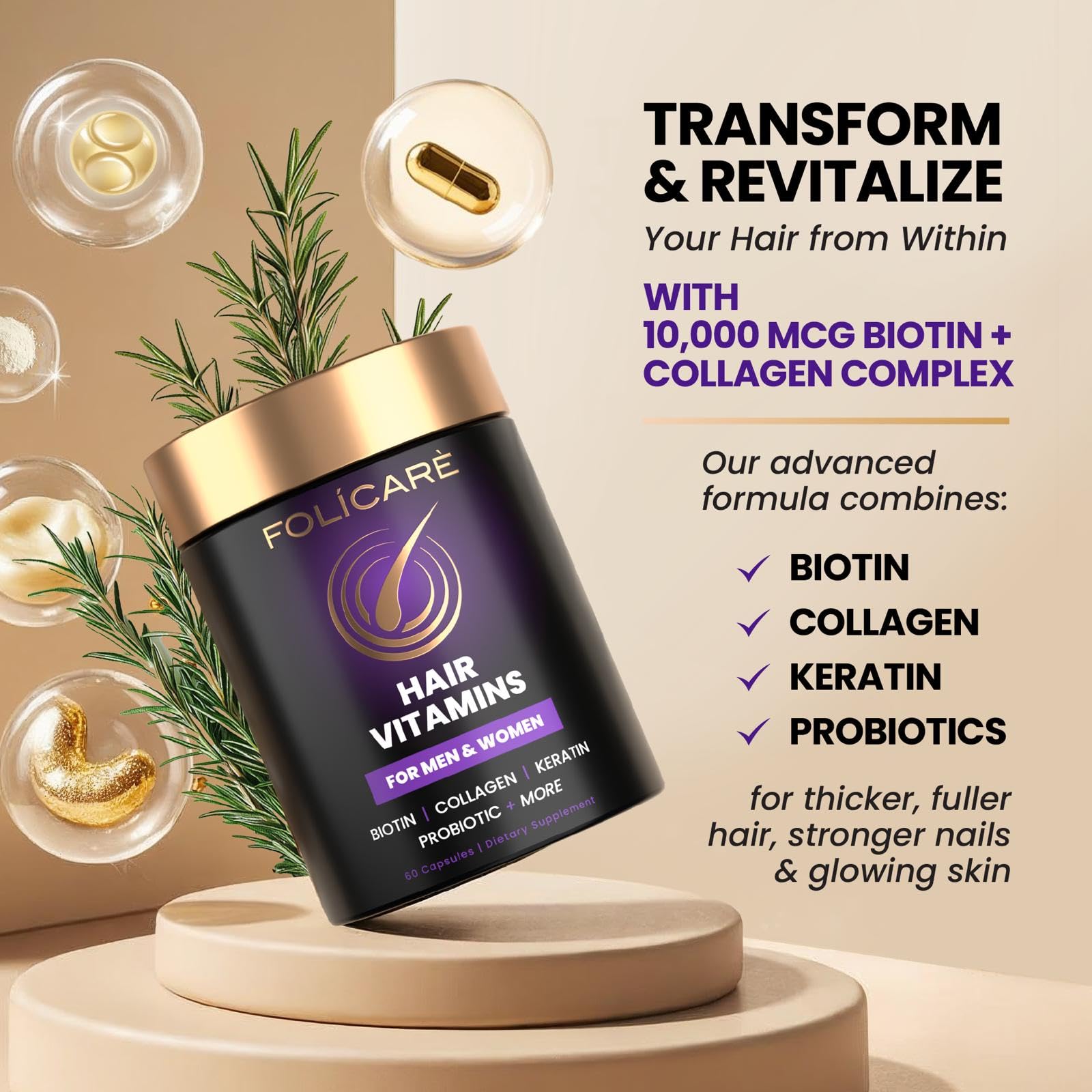 FOLICARE ingredients blend featuring collagen, keratin, and probiotics.