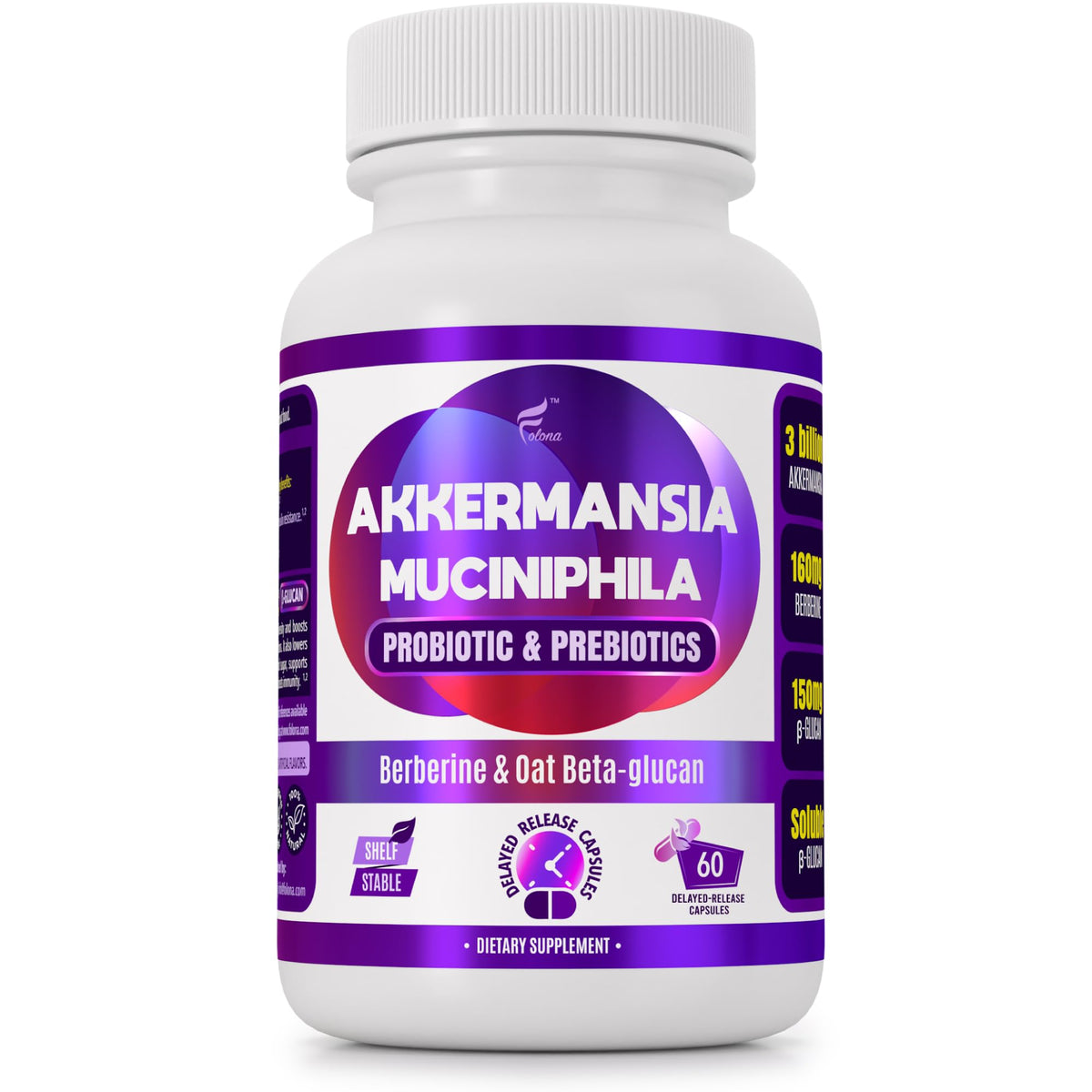 Folona Akkermansia delayed-release bottle label highlighting gut health support and premium packaging.