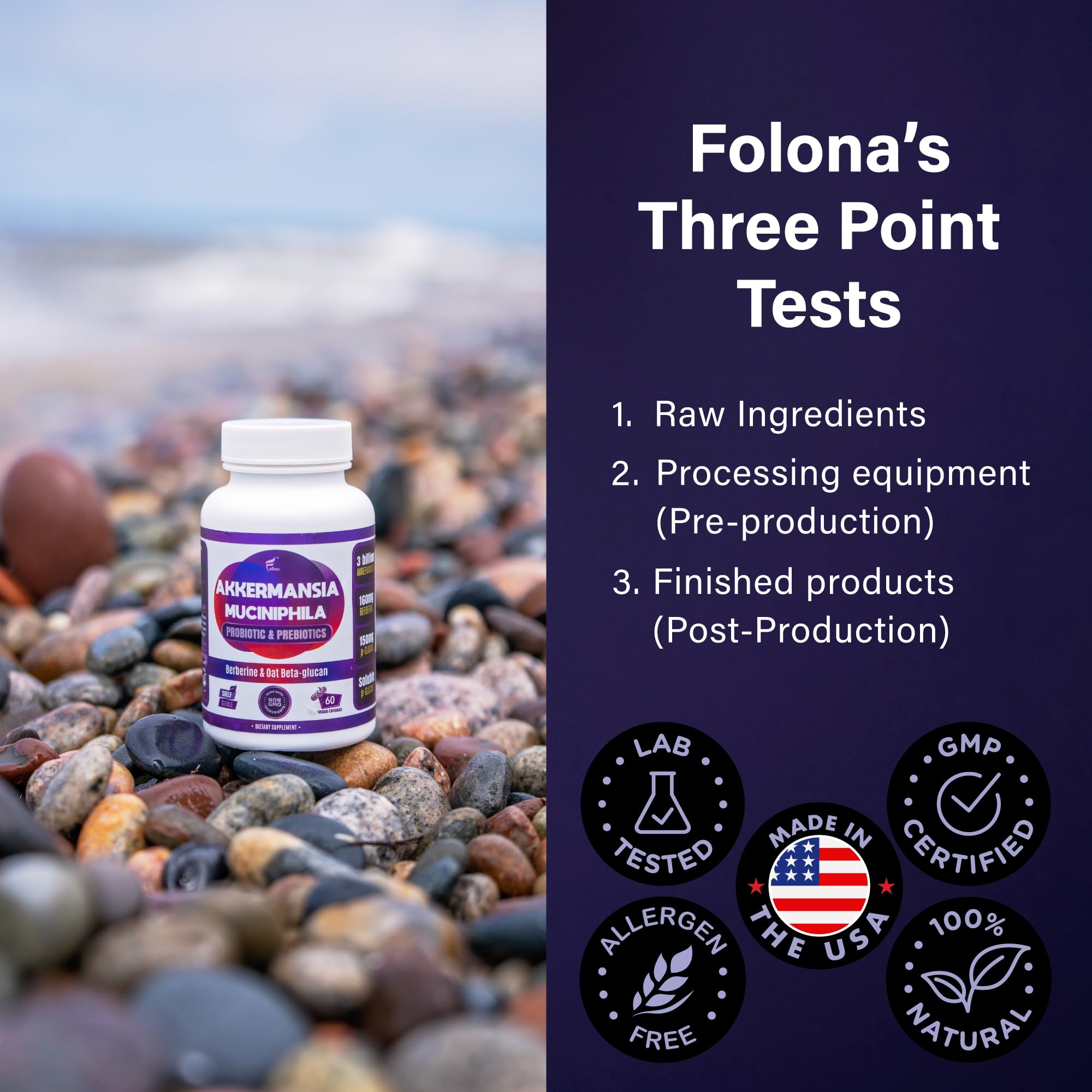 Folona delayed-release technology close-up underscores stomach-safe delivery to gut.