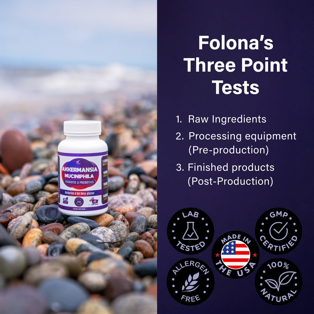 Folona delayed-release technology close-up underscores stomach-safe delivery to gut.