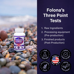 Folona delayed-release technology close-up underscores stomach-safe delivery to gut.