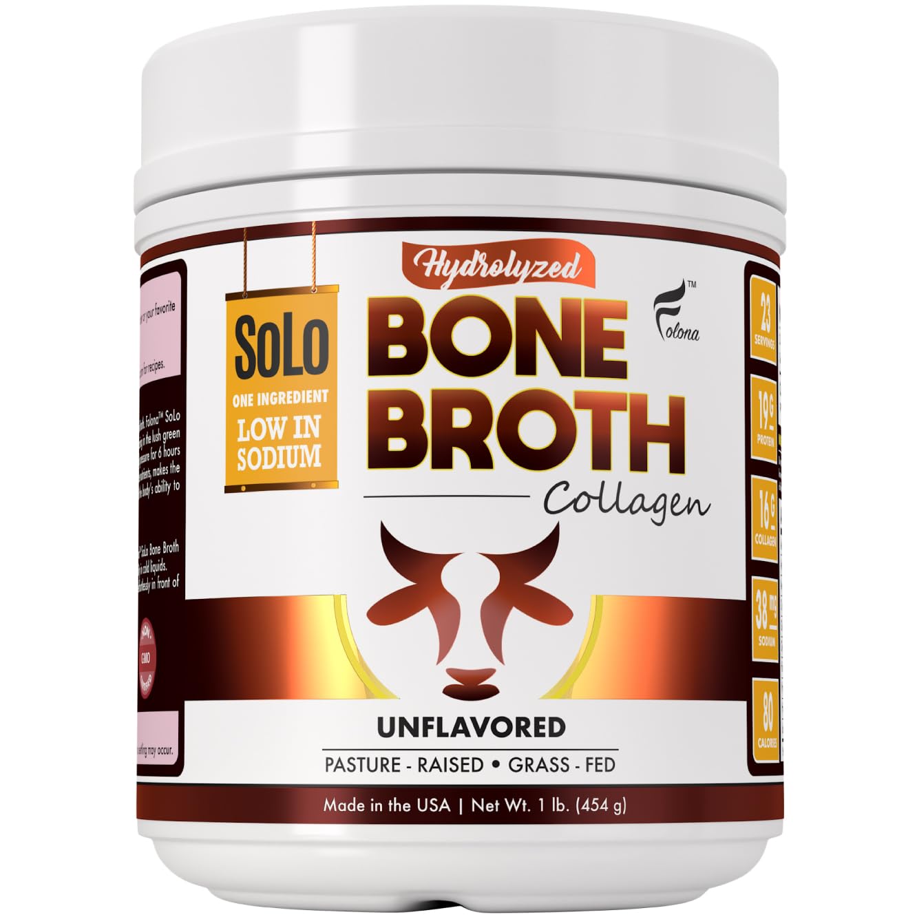 Folona Solo Bone Broth Powder bottle ready for daily protein boost in kitchen setting.