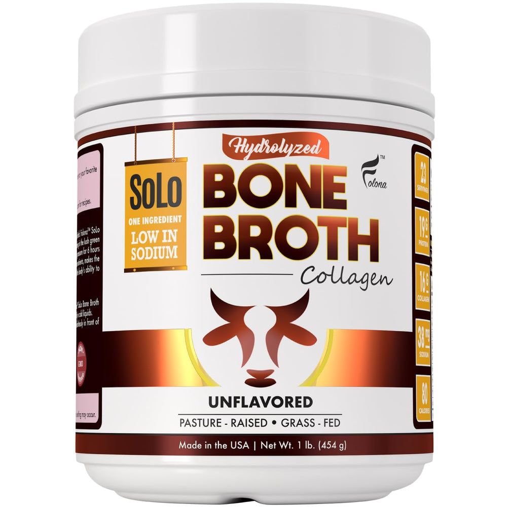 Folona Solo Bone Broth Powder bottle ready for daily protein boost in kitchen setting.