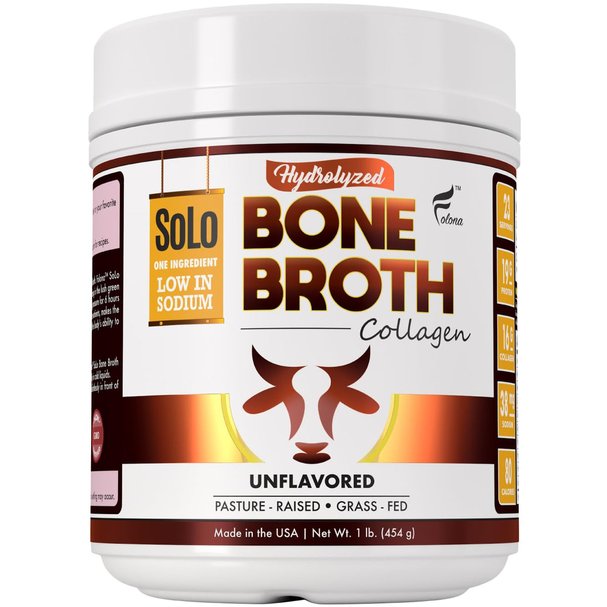 Folona Solo Bone Broth Powder bottle ready for daily protein boost in kitchen setting.