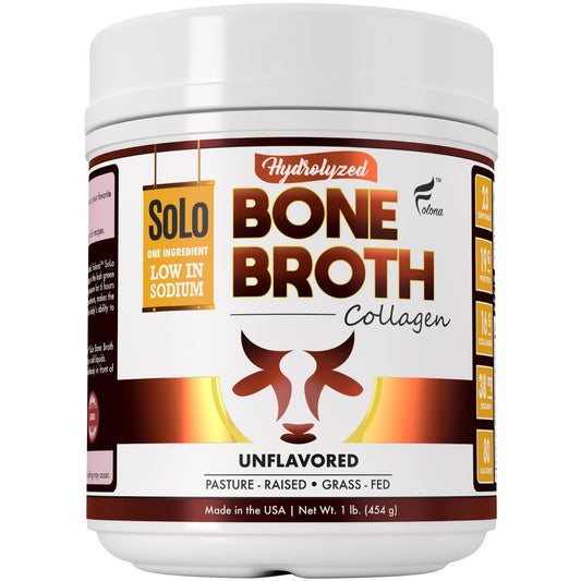 Folona Solo Bone Broth Powder bottle ready for daily protein boost in kitchen setting.