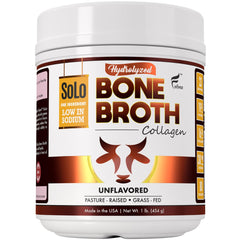 Folona Solo Bone Broth Powder bottle ready for daily protein boost in kitchen setting.