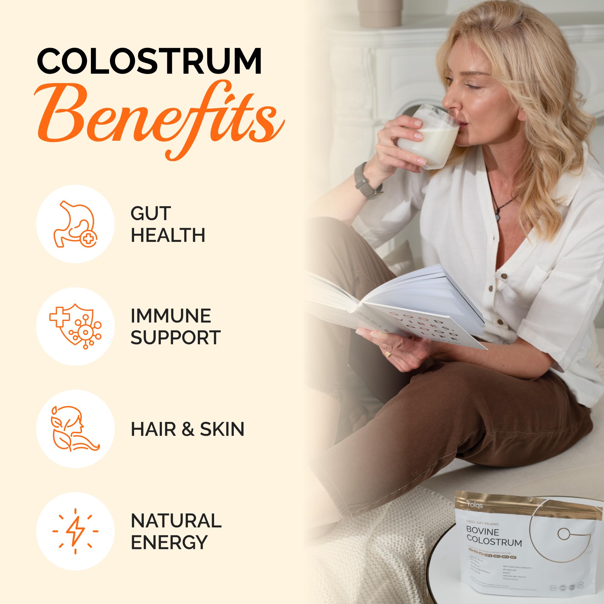 Immunity and gut health emphasis—Folqs powder surface shows potential daily wellness support.