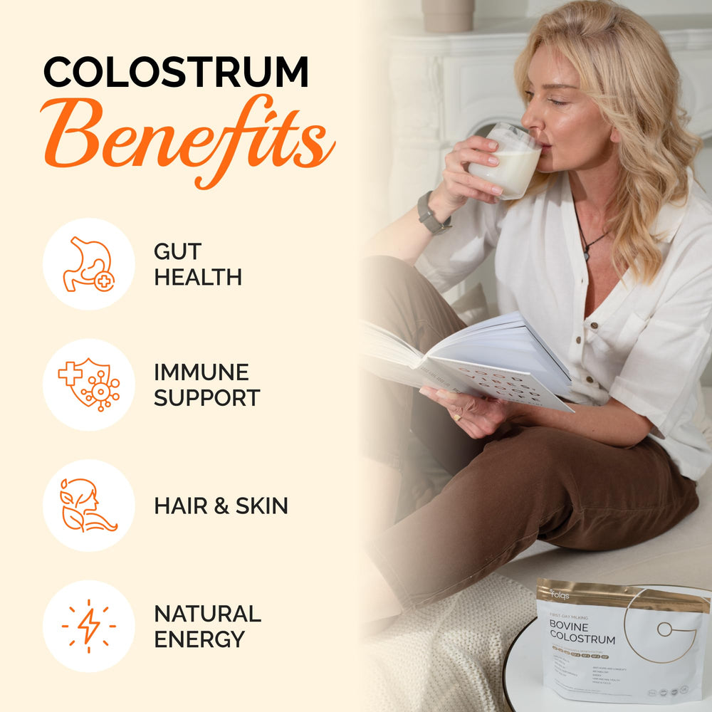 Immunity and gut health emphasis—Folqs powder surface shows potential daily wellness support.