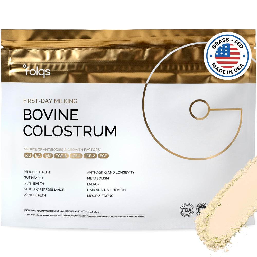 Folqs Bovine Colostrum Powder packaging—premium quality for daily immune support.