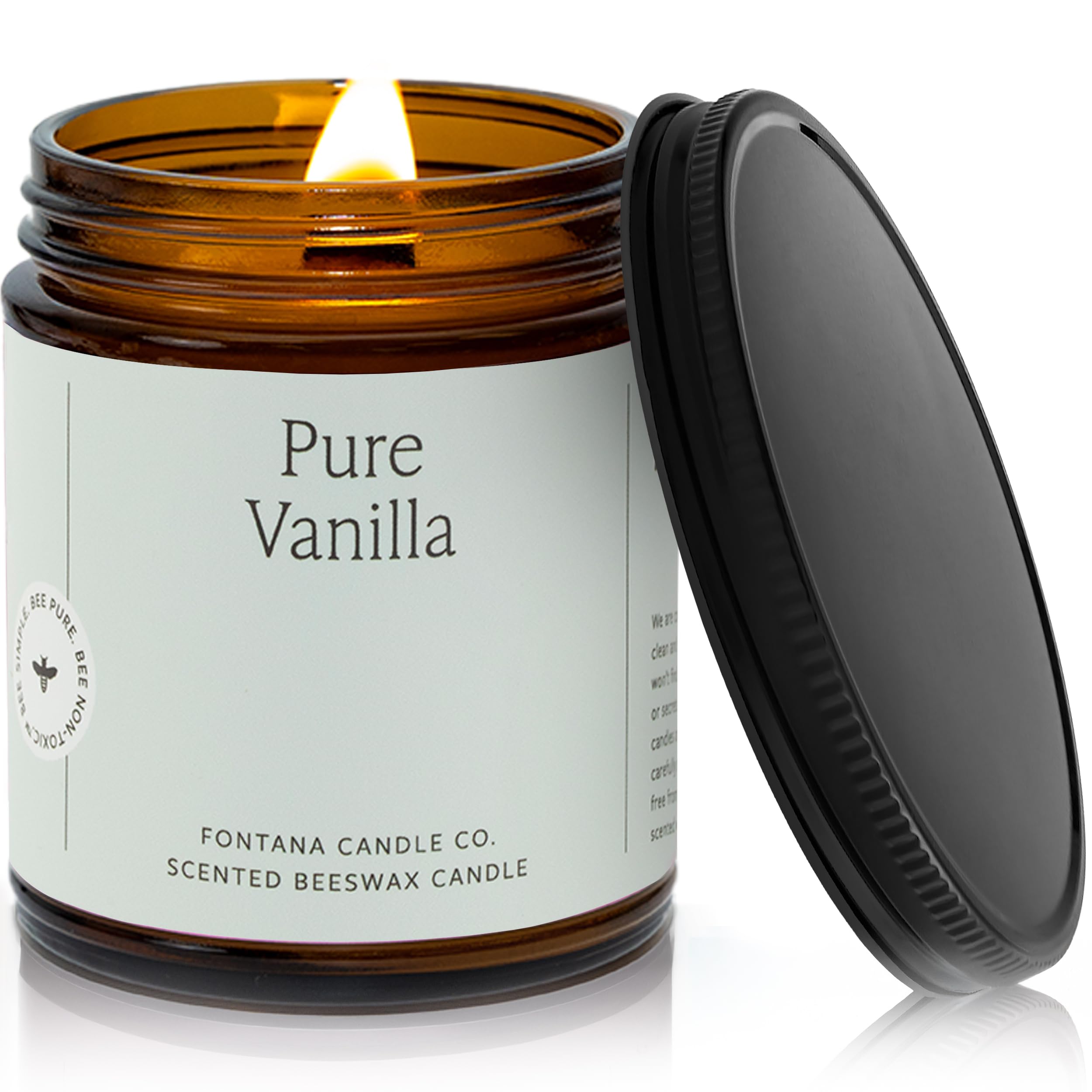 Fontana Candle Co vanilla beeswax jar, top view showing clean burn and warm glow.