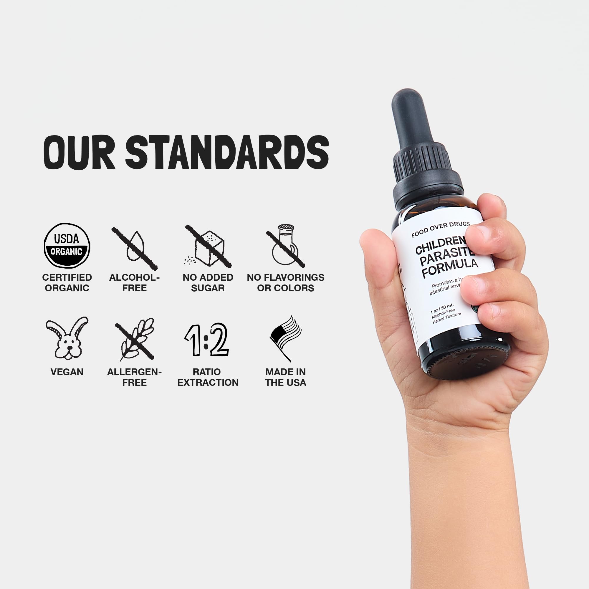 Alcohol-free, allergen-free label on a kid-safe daily digestive tincture.