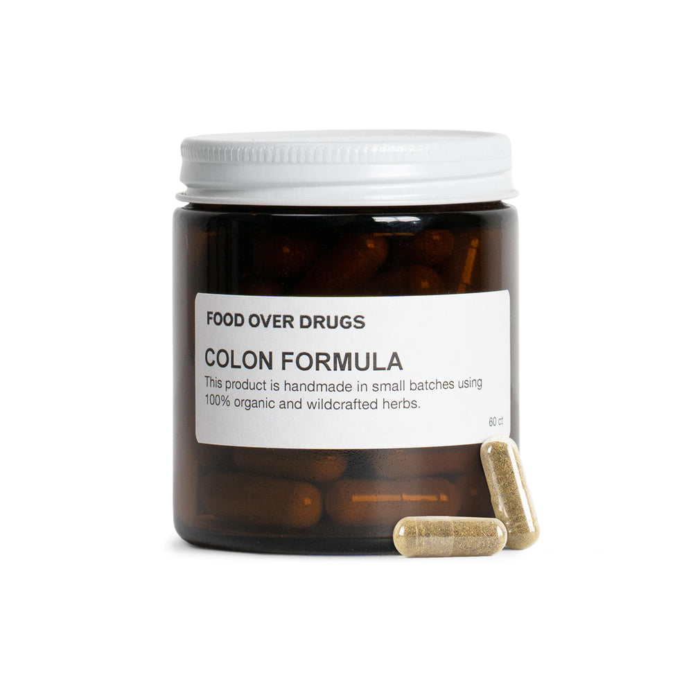 Food Over Drugs Colon Formula capsules ready for a gentle nightly cleanse.