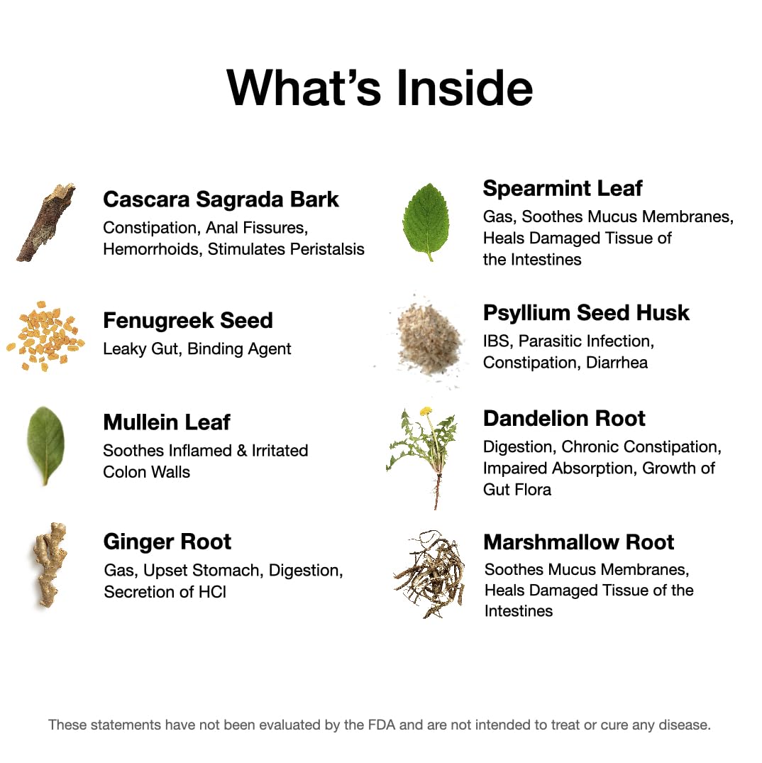 Food Over Drugs Colon Formula ingredients spread showcases cascara sagrada and psyllium husk.