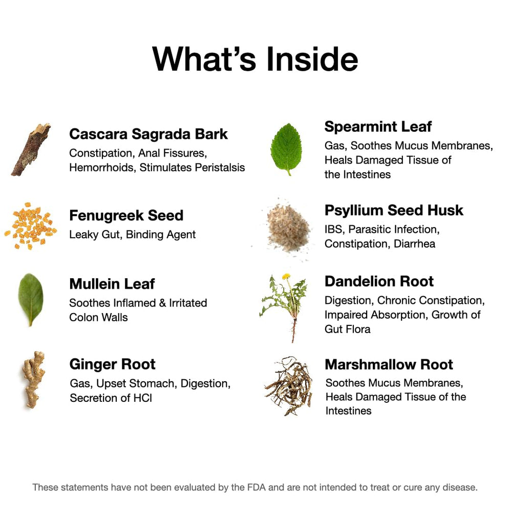 Food Over Drugs Colon Formula ingredients spread showcases cascara sagrada and psyllium husk.