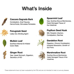 Food Over Drugs Colon Formula ingredients spread showcases cascara sagrada and psyllium husk.