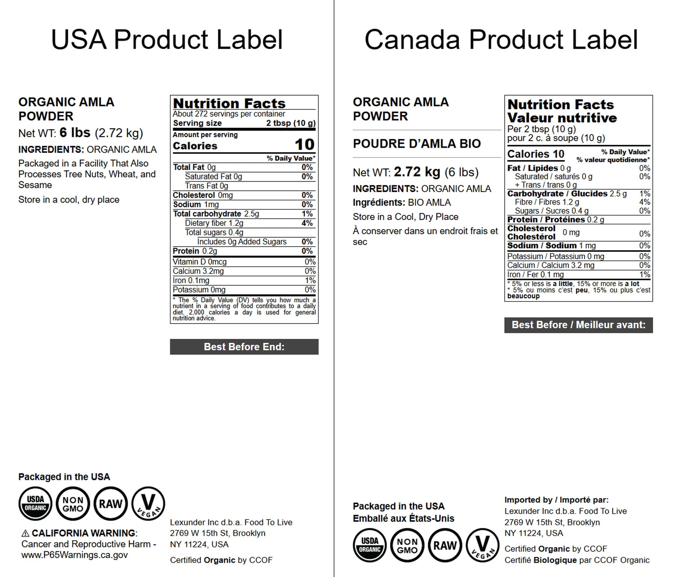 Food to Live amla powder packaging front, convenient resealable bag for bulk use