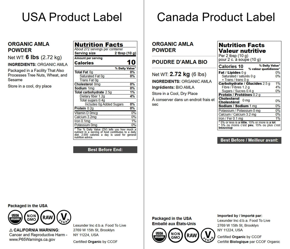 Food to Live amla powder packaging front, convenient resealable bag for bulk use