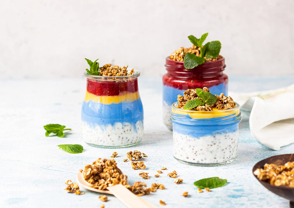 Food to Live Blue Spirulina Powder dessert plate shows natural blue color for baking.