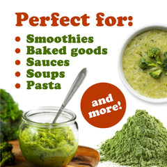Food to Live broccoli powder seal highlights resealable packaging freshness.