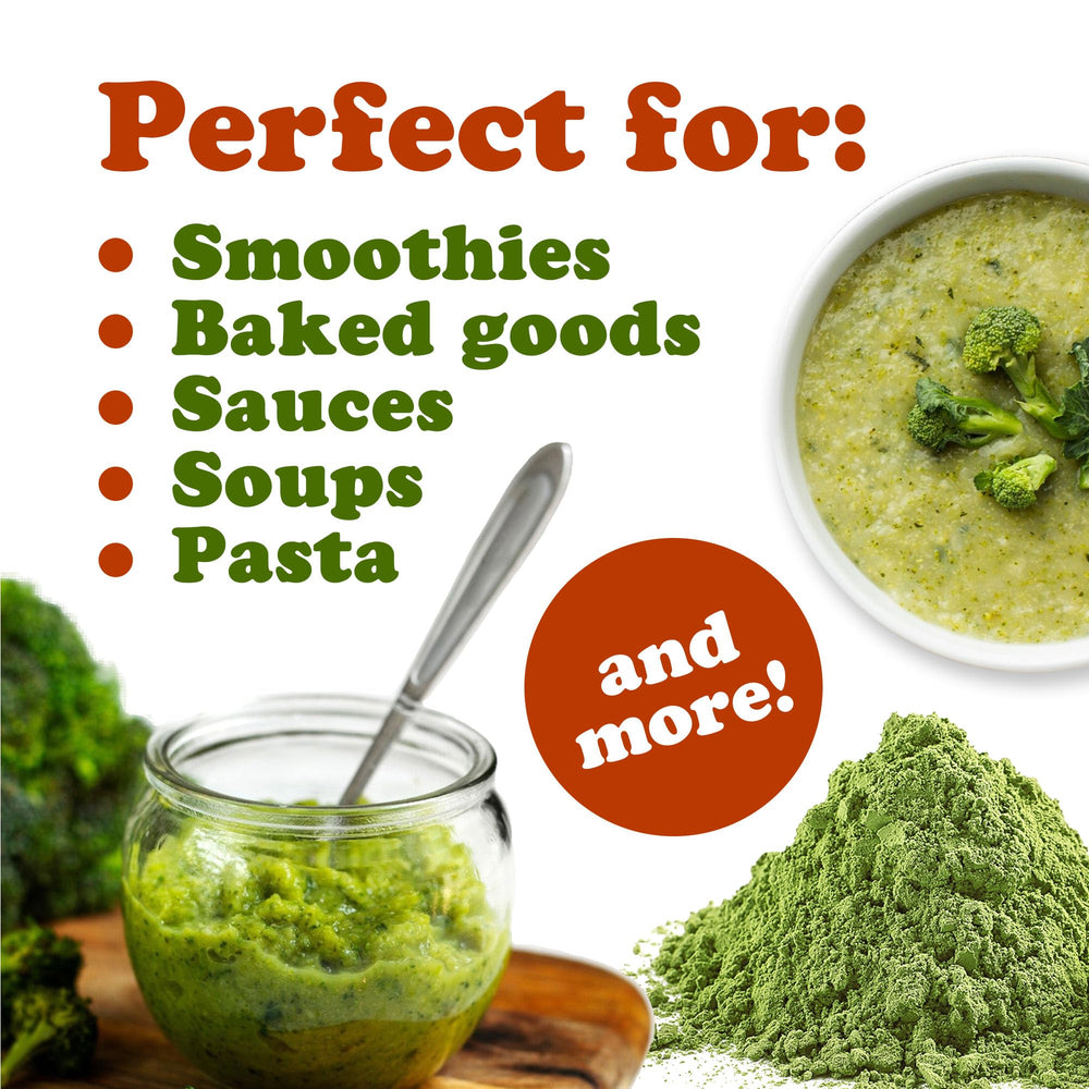 Food to Live broccoli powder resealed bag, preserves freshness and flavor.