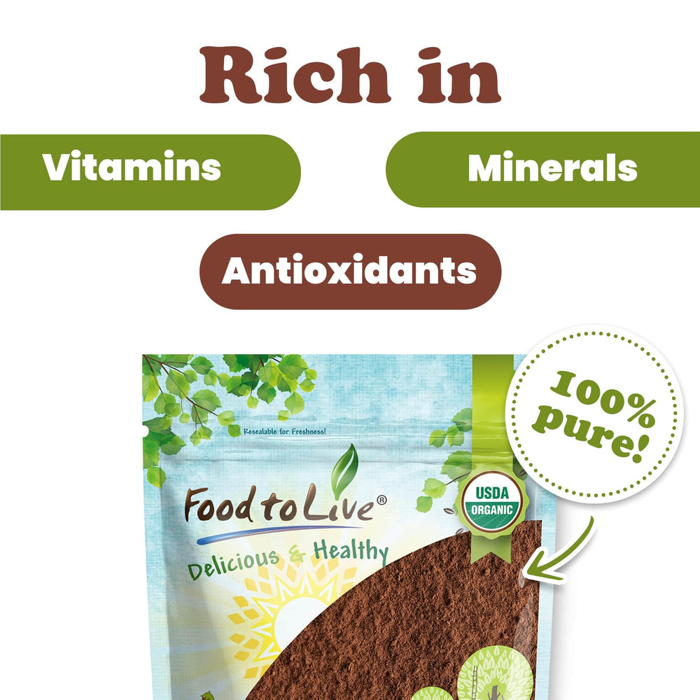Food to Live Chaga powder being poured, conveying versatility for beverages and baking.