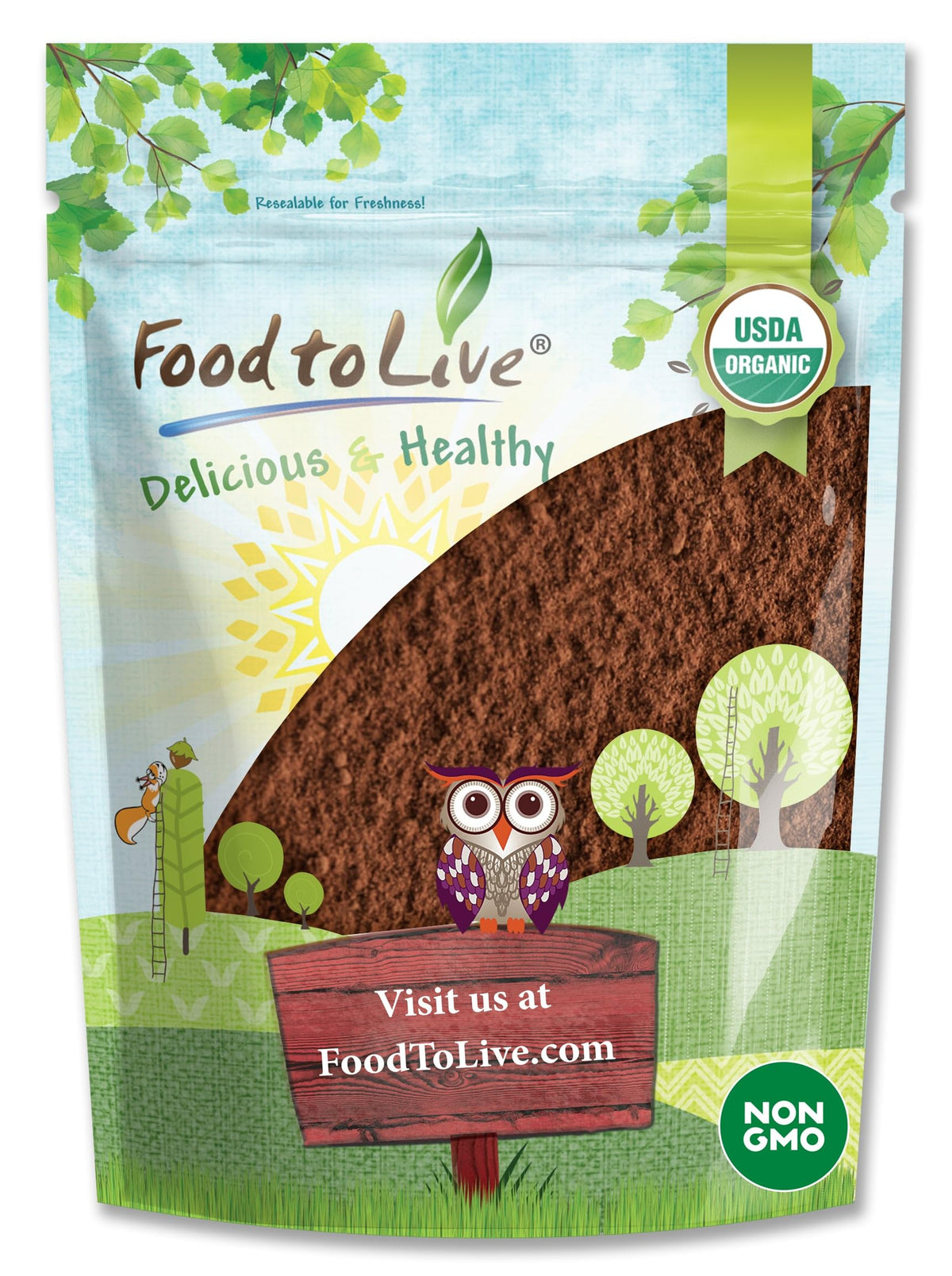 Food to Live Chaga powder packaging close-up, highlighting organic, non-GMO purity for daily use.