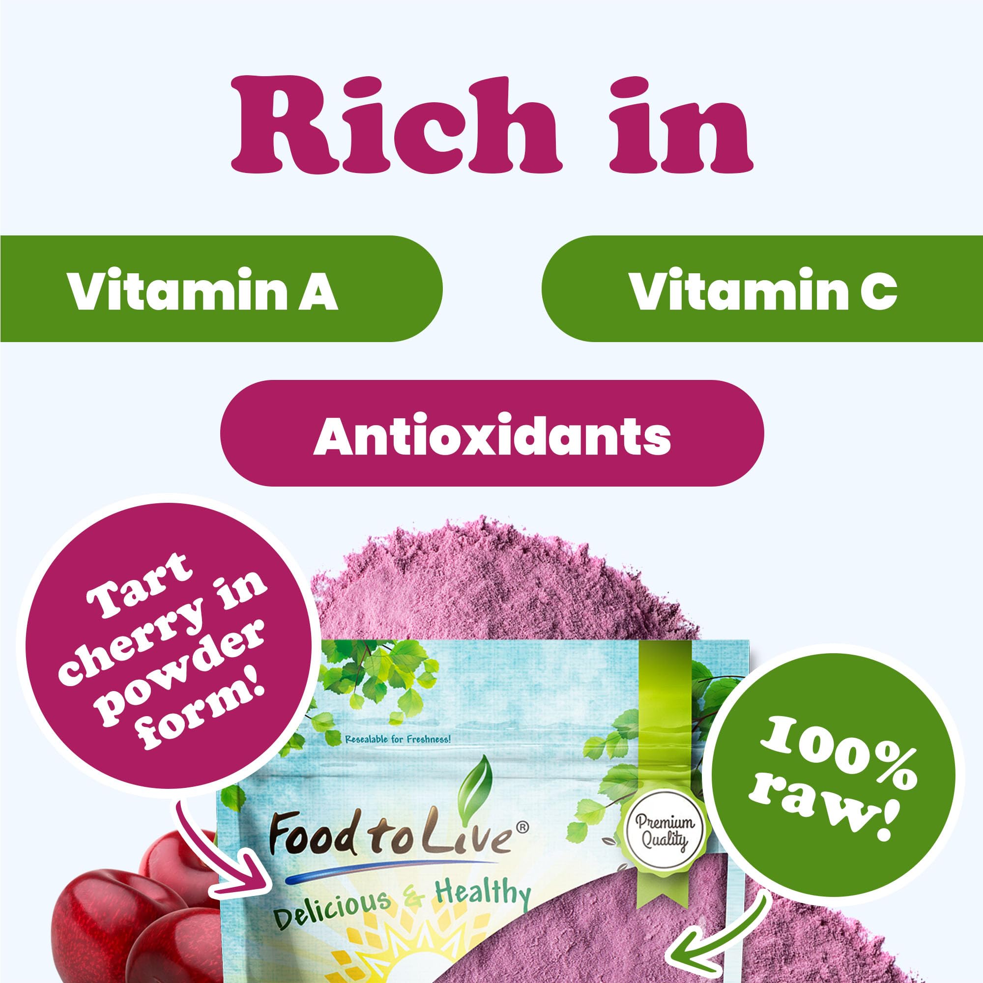 Food to Live cherry juice powder on yogurt shows a fruity, natural flavor boost.