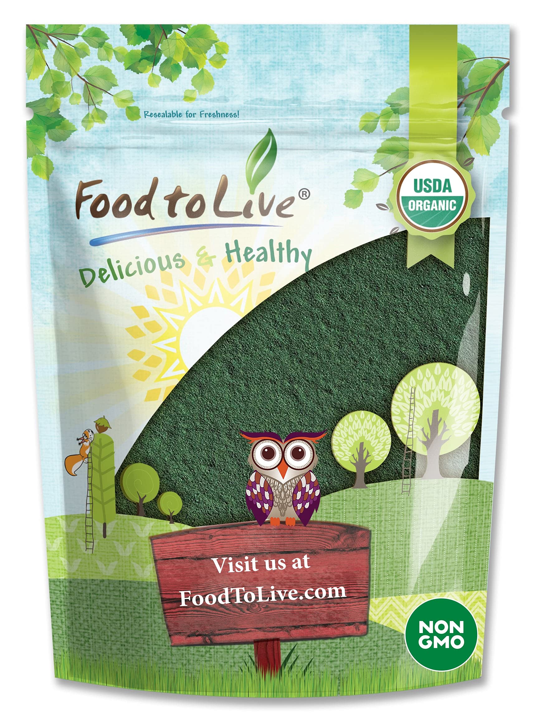 Food to Live chlorella powder bottle front, ready for daily greens.