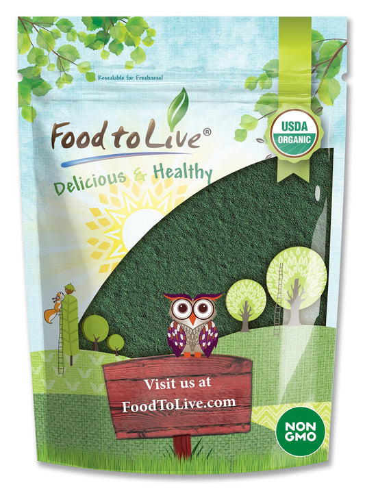 Food to Live chlorella powder bottle front, ready for daily greens.