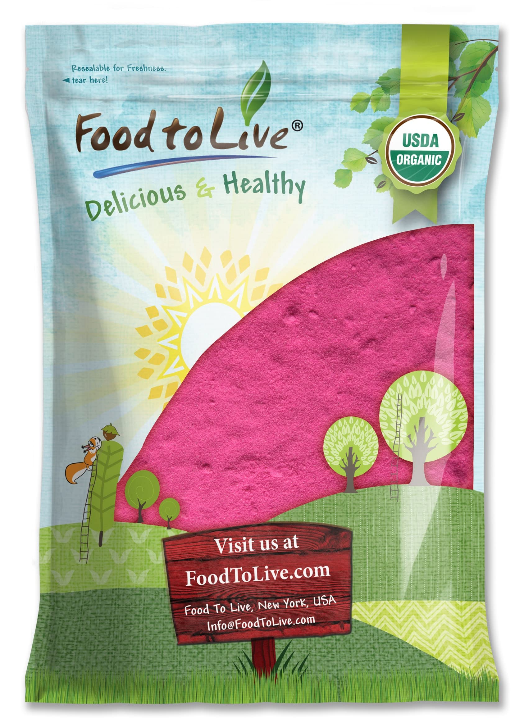 Food to Live Dragon Fruit Powder bag front, ideal for shakes and smoothies.