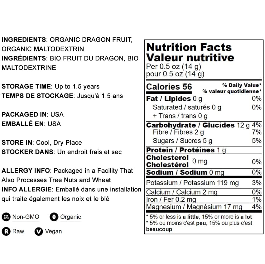 Food to Live Dragon Fruit Powder ingredient panel highlighting natural antioxidants and fiber.