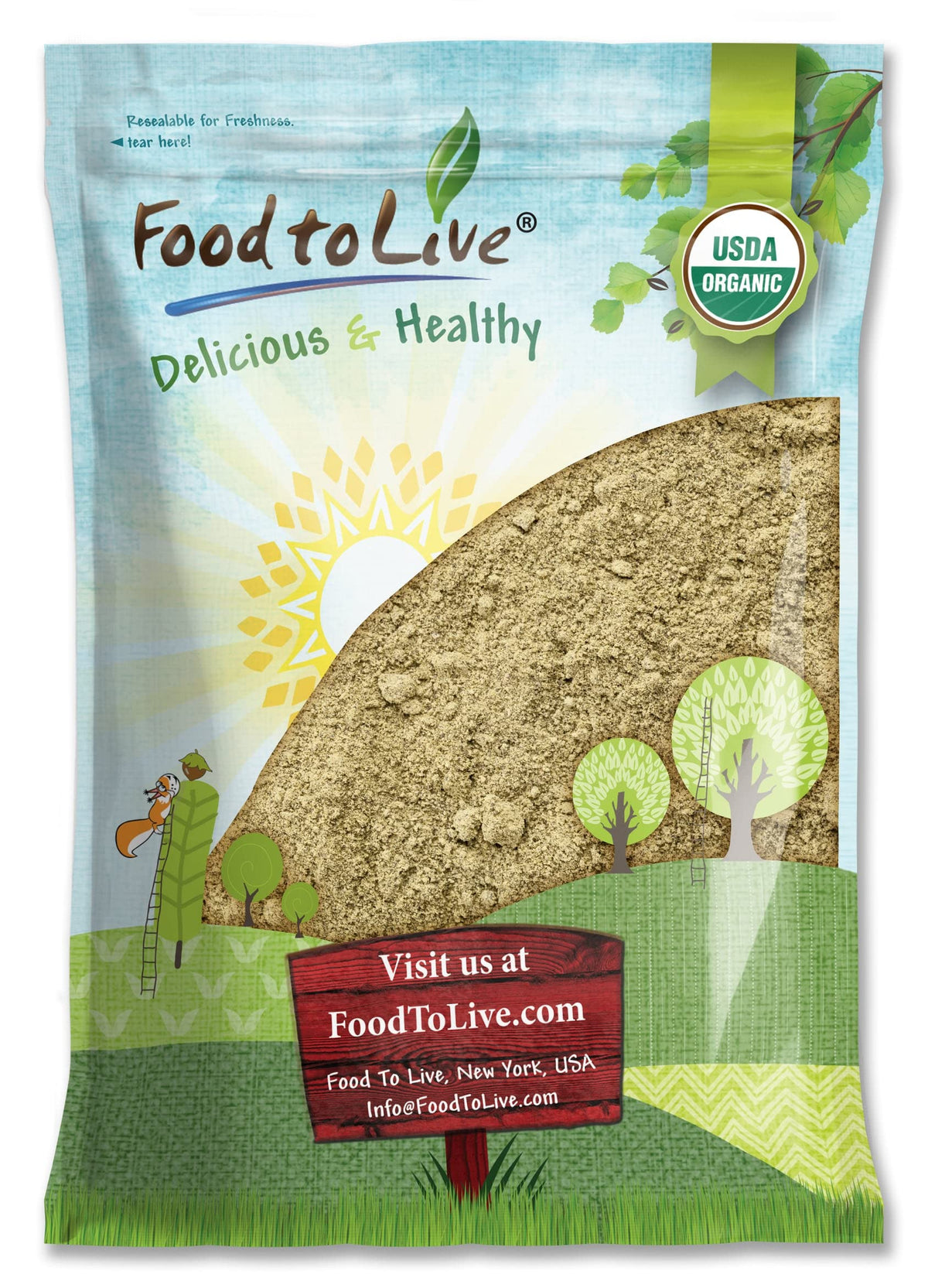 Food to Live hemp protein powder bag closeup, organic vegan protein option.