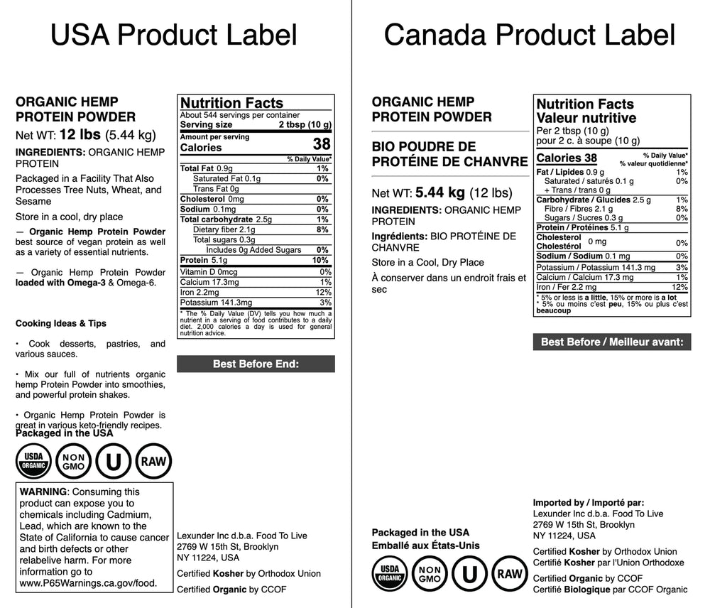 Food to Live hemp protein powder ingredients label showing minerals and non-GMO quality.