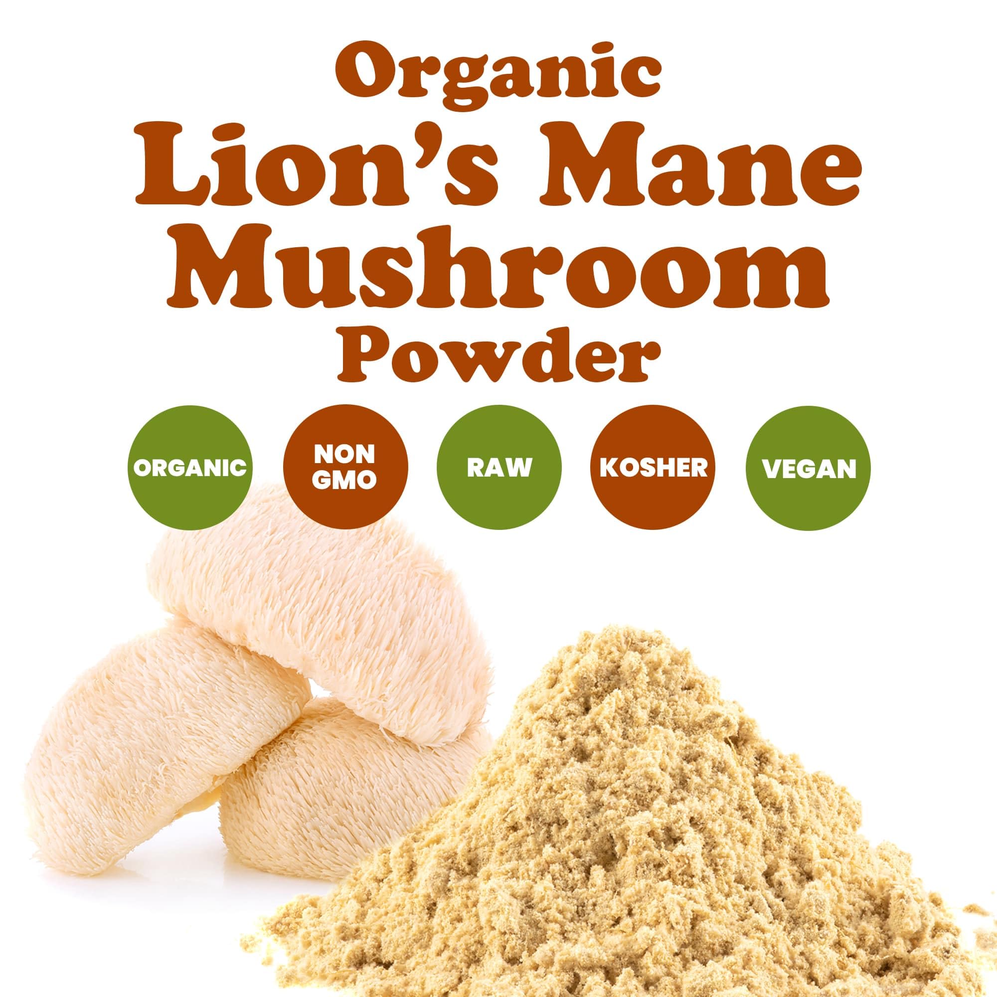 Label on Food to Live Lion's Mane powder highlights organic ingredients.