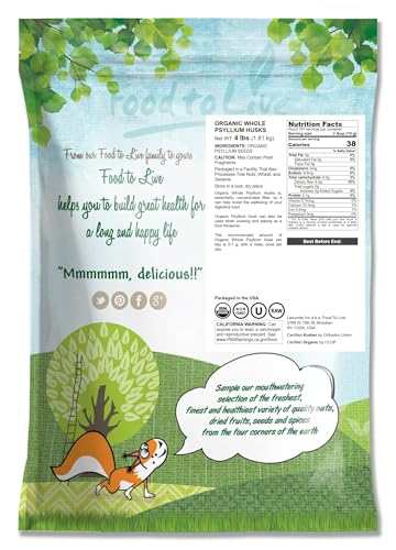 Food to Live Psyllium Husks jar close-up highlighting vegan, non-GMO product.